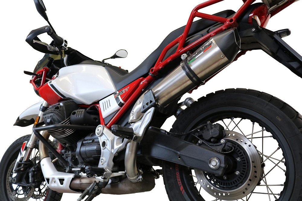 Exhaust compatible with Moto Guzzi V85TT 2021-2024, Gpe Ann. titanium, Slip-on exhaust including link pipe 