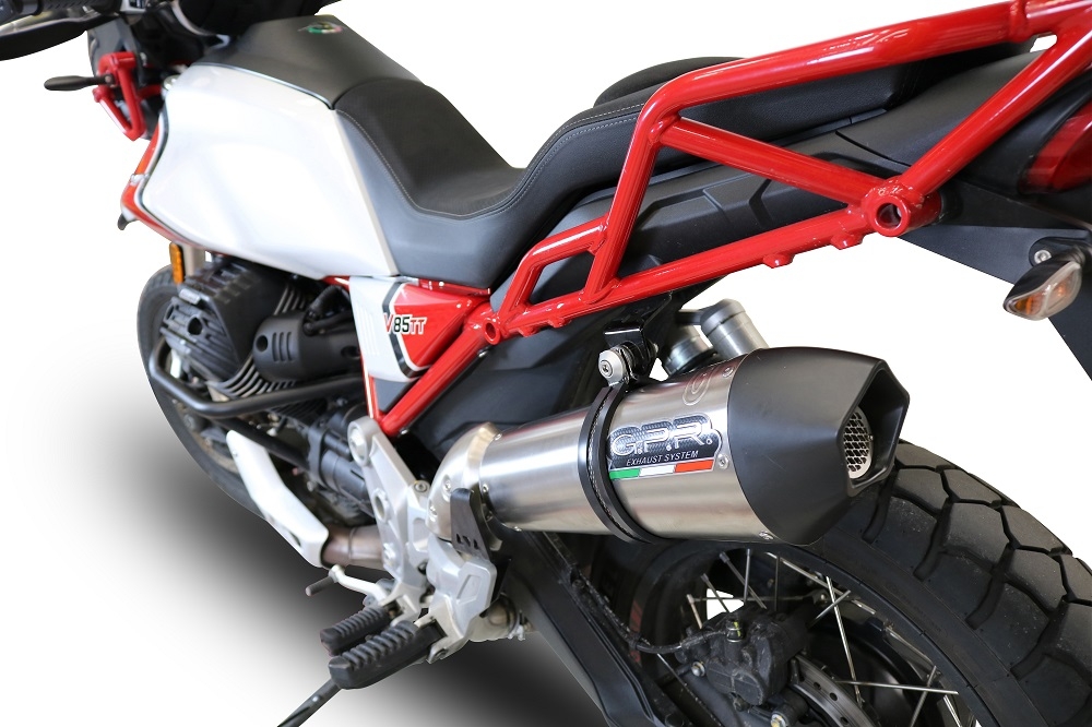 Exhaust compatible with Moto Guzzi V85TT 2021-2024, Gpe Ann. titanium, Slip-on exhaust including link pipe 